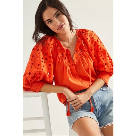 Anthropologie Tops - ANTHROPOLOGIE CHANTAL EYELET BLOUSE PUFF SLEEVE ORANGE SMALL XS